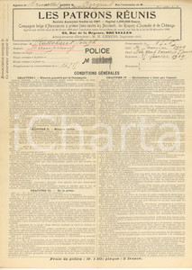 Documento originale, autentico 1909 DAMPREMY BELGIQUE Les Patrons Réunis  Polizza per danni incendio 1