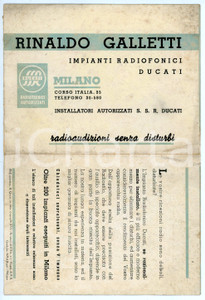 Materiale pubblicitario d’epoca 1938 MILANO Rinaldo GALLETTI Impianti radiofonici DUCATI Pieghevole illustrato 1