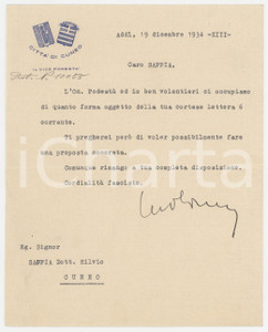 Autografo originale 1934 CUNEO Lettera Michele OLIVERO vice podestà per proposta Autografo 1