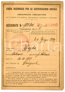 Oggetto da collezione cartaceo 1929 MILANO Cassa nazionale per le assicurazioni sociali  Tessera 1