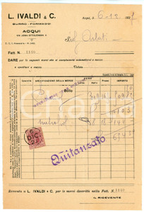 Documento originale, autentico 1927 ACQUI TERME Via Jona Ottolenghi 4 Burro e formaggi L. IVALDI Fattura 1