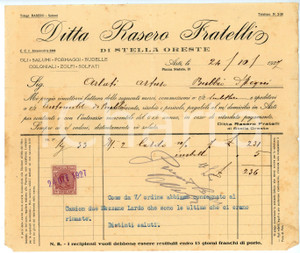 Documento originale, autentico 1927 ASTI Piazza Statuto 21 Ditta Fratelli RASERO di Oreste STELLA Fattura lardo 1