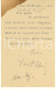 Autografo originale 1921 VENEZIA S. Maurizio 2691  Cartolina avv. Pietro MARSICH Autografo 1