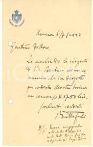Autografo originale 1922 ROMA Lettera on. Carlo BUTTAFOCHI su mostra bovina AUTOGRAFO 1