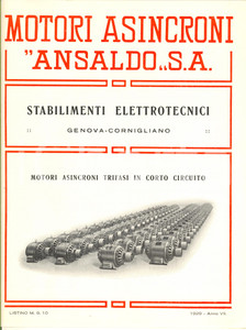 Materiale pubblicitario d’epoca 1929 GENOVA CORNIGLIANO  ANSALDO  Motori asincroni trifasi Listino 1