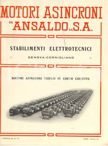 Materiale pubblicitario d’epoca 1928 GENOVA CORNIGLIANO  ANSALDO  Motori asincroni trifasi Listino 1