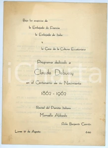 Oggetto da collezione cartaceo 1962 QUITO ECUADOR Concerto Marcello ABBADO Centenario Claude DEBUSSY Programm4 1