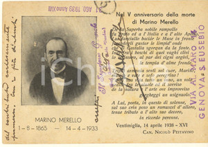 Autografo originale 1939 GENOVA Anniversario morte Marino MERELLO Cartolina Antonio DELLA VECCHIA 1