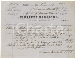 Documento originale, autentico 1868 FIRENZE Giuseppe BARGIONI Fabbrica funami e gabbie per olive Fattura 1