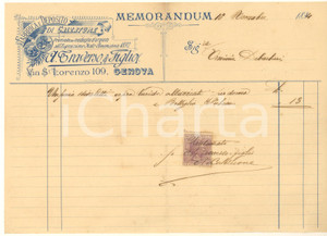 Documento originale, autentico 1894 GENOVA Via S. Lorenzo 109  A. TRAVERSO Fabbrica calzature Memorandum 1