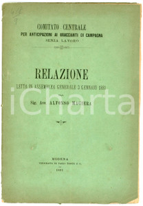 Libro, pubblicazione d epoca 1881 Alfonso MAGIERA Relazione comitato braccianti di campagna senza lavoro 1