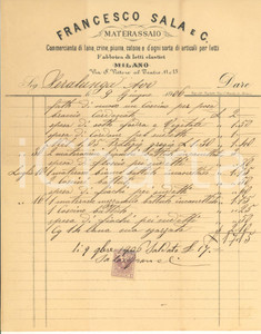 Documento originale, autentico 1906 MILANO Via S. Vittore al Teatro  Francesco SALA materassaio Fattura 1