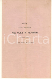 Documento originale, autentico 1870 Anonimo F.D.  Sonetto ad Angioletta Ferrari per il 15° anno di età 1