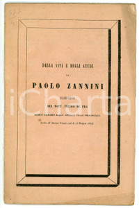 Libro, pubblicazione d epoca 1844 Pietro DE PRA Della vita e degli studi di Paolo ZANNINI Tip. CECCHINI 1