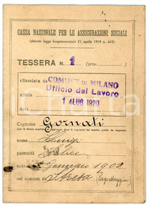 Oggetto da collezione cartaceo 1920 MILANO  CNAS Tessera n.1  Cassa Nazionale Assicurazioni Sociali 1
