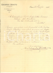 Autografo originale 1914 GENOVA Lettera avvocato Edoardo DEVOTO su questione urgente Autografo 1