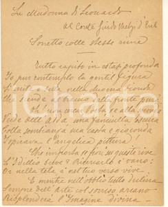Manoscritto, lettera originale 1902 FARA GERA D ADDA Sonetto dr. Giulio GIUMELLI  Madonna Leonardo Autografo 1