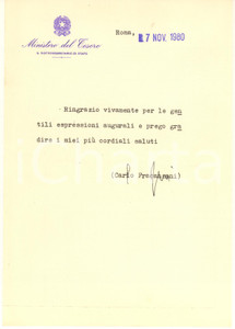Autografo originale 1980 ROMA Lettera on. Carlo FRACANZANI  Sottosegretario al Tesoro Autografo 1