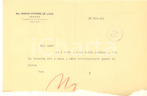 Autografo originale 1943 VERONA Lettera avv. Mario Vittore DE LUCA a un amico  Autografo 1