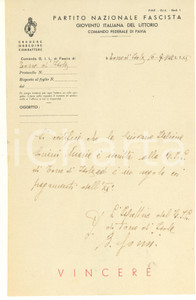 Documento originale, autentico 1942 PNF TORRE D ISOLA PV Certificato Maria SORIANI piccola italiana 1