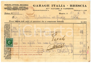 Documento originale, autentico 1931 BRESCIA Piazzale Garibaldi 4 GARAGE ITALIA Fattura per cambio batteria 1