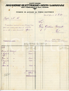 Documento originale, autentico 1934 SESTO SAN GIOVANNI Acciaierie elettriche  Rilievo conto 22x28 cm 1