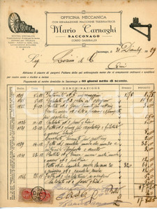 Documento originale, autentico 1929 SACCONAGO Officina meccanica Mario CARNAGHI Fattura 22x28 cm 1