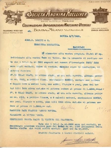 Documento originale, autentico 1925 MILANO  BOVISA Società anonima KOELLIKER Macchine utensili  Lettera 1