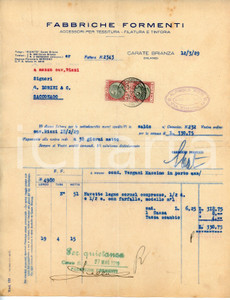 Documento originale, autentico 1929 CARATE BRIANZA Fabbriche FORMENTI Accessori per tessitura  Fattura navette 1