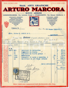 Documento originale, autentico 1929 BUSTO ARSIZIO Arti grafiche Arturo MARCORA Fattura per biglietti da visita 1