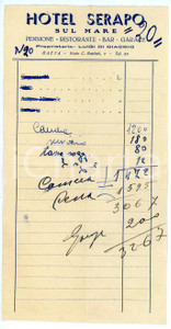 Documento originale, autentico 1950 ca GAETA Hotel Serapo di Luigi DI CIACCIO Fattura per soggiorno 11x21 cm 1