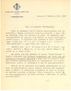 Documento originale, autentico 1943 CUNEO Unione Provinciale Fascista Agricoltori  Lettera direttore PELISSERO 1