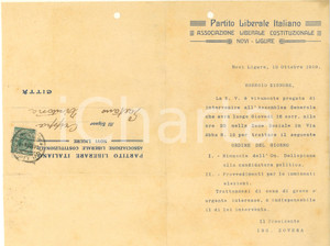 Documento originale, autentico 1919 NOVI LIGURE Partito Liberale Italiano  Invito per assemblea 1