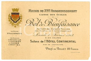 Oggetto da collezione cartaceo 1913 PARIS Hotel Continental BAL DE BIENFAISANCE Invitation 16x10 cm 1