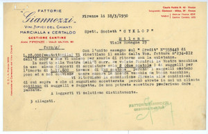Documento originale, autentico 1950 CERTALDO Frazione MARCIALLA Fattorie GIANNOZZI Vini del Chianti  Lettera 1