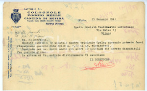 Documento originale, autentico 1941 CANTINA DI RUFINA Fattorie di COLOGNOLE Poggio Reale  Lettera commerciale 1