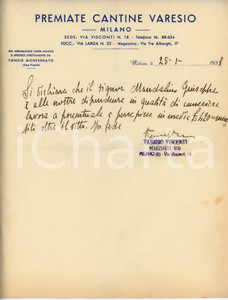 Documento originale, autentico 1938 MILANO Via Visconti 18 Premiate Cantine VARESIO Dichiarazione per cameriere 1