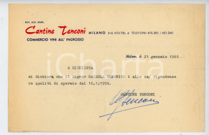 Documento originale, autentico 1961 MILANO Via Voltri 6 Cantine TENCONI Dichiarazione per assunzione operaio 1