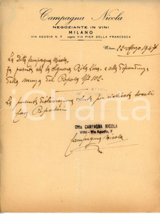 Documento originale, autentico 1947 MILANO Via Agudio 7 Nicola CAMPAGNA Commerciante in vini  Lettera 1
