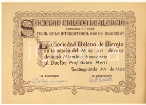 Documento originale, autentico 1953 SANTIAGO CHILE Sociedad Chilena de Alergia  Attestato membro onorario 1
