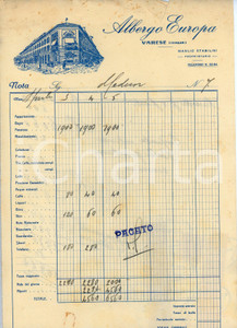 Documento originale, autentico 1948 VARESE Albergo Europa di Manlio Stabilini  Fattura 21x31 cm 1 1