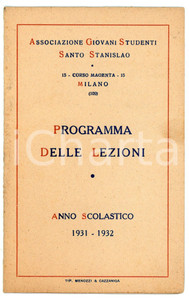 Materiale pubblicitario d’epoca 1931 MILANO Ass. Giovani Studenti Santo Stanislao  Programma delle lezioni 1