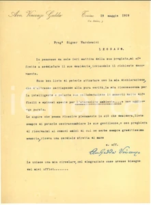 Documento originale, autentico 1919 TORINO Avvocato Vincenzo GEDDA  Lettera di ringraziamento  Autografo 1