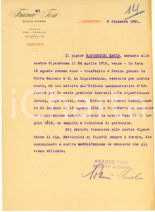 Documento originale, autentico 1921 LEGNANO Società FRANCO TOSI  Lettera di referenze rimpiegato  Autografo 1