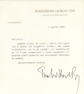 Autografo originale 1991 VENEZIA Lettera Vittore BRANCA vicepresidente Fondazione Cini  AUTOGRAFO 1