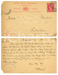 Autografo originale 1898 GIBRALTAR Postcard Bernard VARESE about philatelic exchange Autograph 1