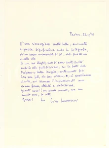 Autografo originale 1991 PADOVA Lettera prof. Lino LAZZARINI per opera commemorativa AUTOGRAFO 1