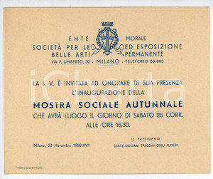 Oggetto da collezione cartaceo 1938 MILANO Società Belle Arti  Mostra sociale autunnale  Invito 15x12 cm 1