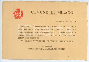 Oggetto da collezione cartaceo 1941 COMUNE DI MILANO  SANT AMBROGIO Consegna medaglie al valore civile Invito 1