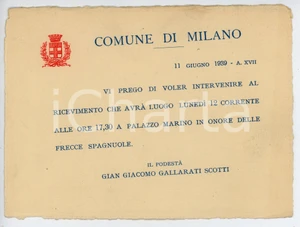 Oggetto da collezione cartaceo 1939 COMUNE DI MILANO Palazzo Marino  Ricevimento FRECCE SPAGNOLE Invito 1